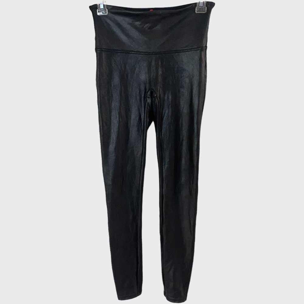 Spanx Faux Leather Leggings Womens Size Medium Shiny Black Textured Tights